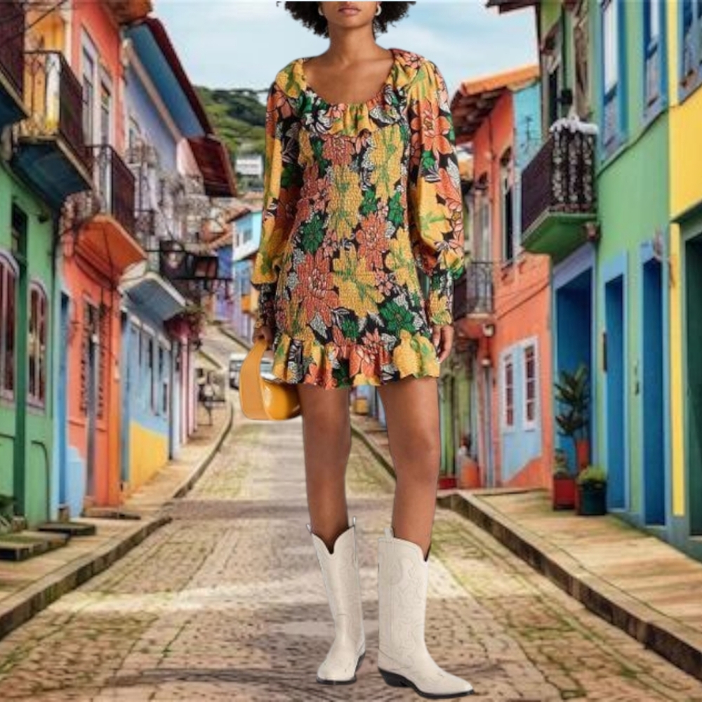 FARM RioWomen's Yellow Ruffled Floral-Print Ecovero-Crepe Mini Dress